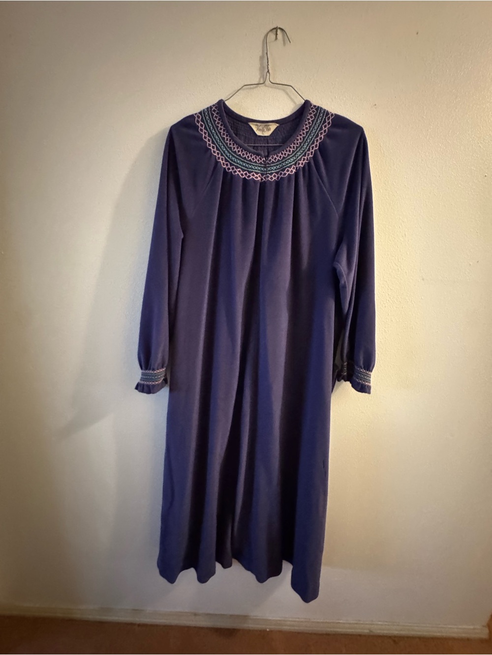 Vanity Fair Navy Blue Long Sleeve Embroidered Yoke Dress